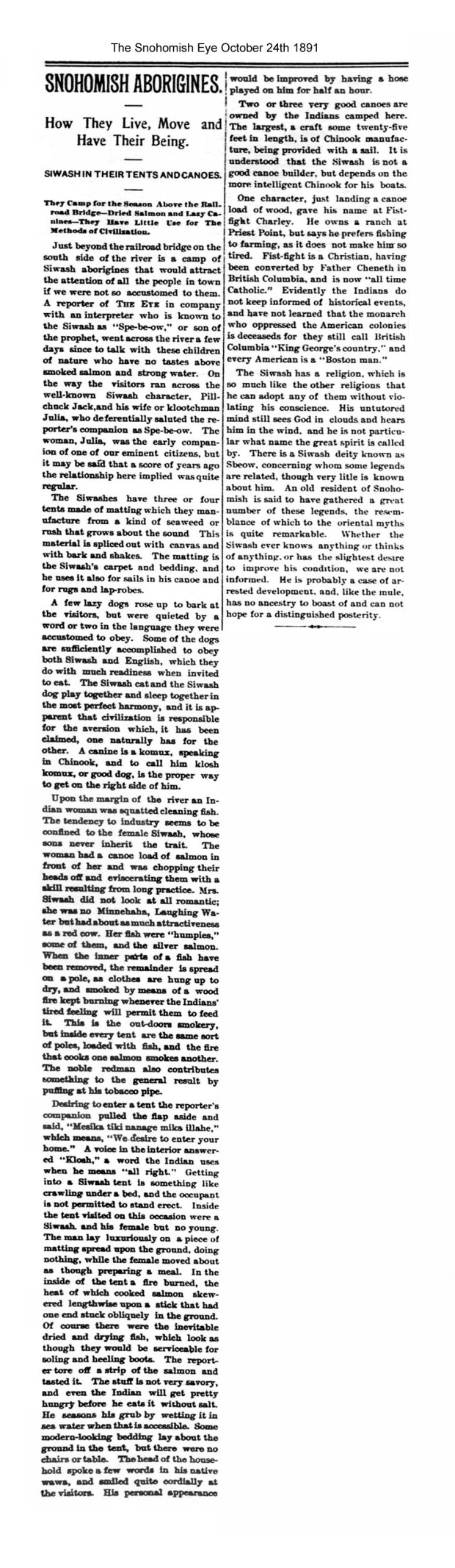 Pilchuck jack and julia siwash Snohomish Eye oct 24 1891